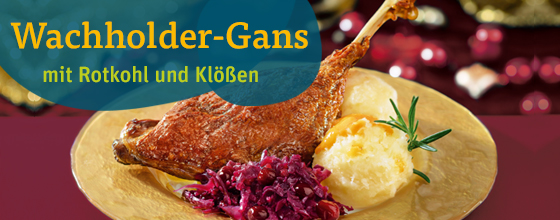 Wacholder-Gans mit Apfel-Rotkohl und Thüringer Klößen