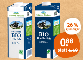 Naturland Gläserne Molkerei fettarme Bio-H-Milch oder -H-Vollmilch