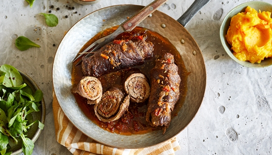 Rinderrouladen mit Portweinsauce und Kürbisstampf