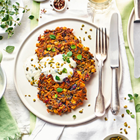 Rotkohl-Möhren-Puffer mit Joghurt-Dip