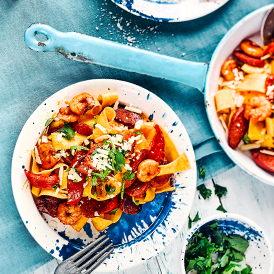 Pappardelle mit Garnelen und Chorizo