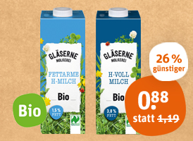 Naturland Gläserne Molkerei fettarme Bio-H-Milch oder -H-Vollmilch