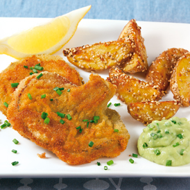 Austernpilz-Schnitzel mit Sesam-Kartoffeln und Dip