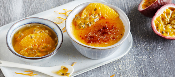 Crème brûlée mit Passionsfruchtsauce