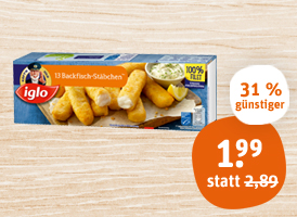 iglo Fischstäbchen, Lachs-Stäbchen, Backfisch- oder Vollkornfischstäbchen