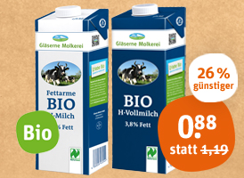 Naturland Gläserne Molkerei fettarme Bio-H-Milch oder -H-Vollmilch