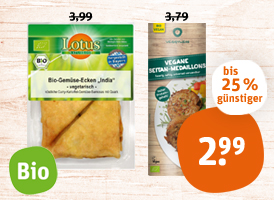 Lotus Bio-Gemüse-Ecken India oder veggyness Bio-Seitan-Medaillons