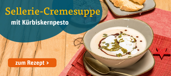 Zum Rezept: Sellerie-Cremesuppe mit Kürbiskernpesto