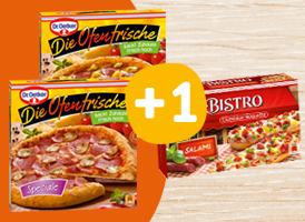 Zwei Packungen Dr. Oetker Die Ofenfrische Pizza +1 Dr. Oetker Birsto Baguette gratis