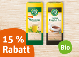 15% Rabatt auf alle Lebensbaum Bio-Tees (inkl. demeter) 