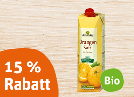 15 % Rabatt auf alle Alnatura Bio-Säfte in der 1 l Packung.