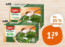 iglo Rahm-Spinat mit dem Blubb oder laktosefrei,