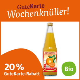 20 % GuteKarte-Rabatt auf alle Beutelsbacher Bio-Säfte in der 0,7 l Flasche.