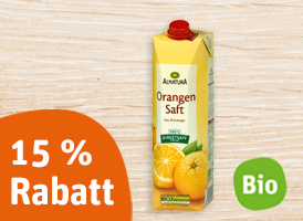 15 % Rabatt auf alle Alnatura Bio-Säfte in der 1 l Packung.