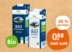 Naturland Gläserne Molkerei fettarme Bio-H-Milch oder -H-Vollmilch