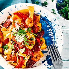 Pappardelle mit Knoblauch-Garnelen und Chorizo