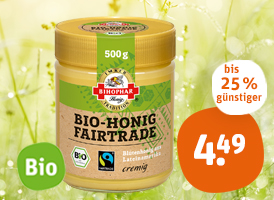 Biophar Fairtrade Bio-Blütenhonig, Biophar Trachtenhonig oder Langnese Honig Flotte Biene